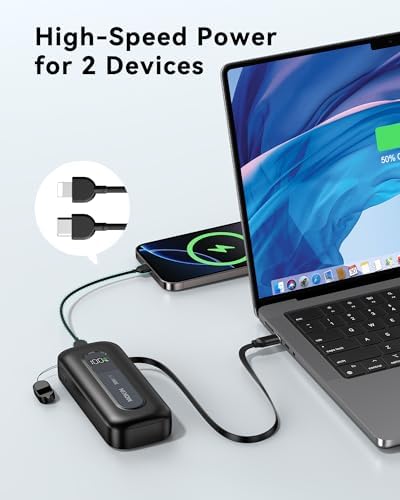 Ultra-Fast 30 W Retractable Portable Charger – 10,000 m Ah Power Bank with Built-In Cables for i Phone, i Pad & Samsung – Airline-Approved Travel Powerbank with Smart Display & Detachable Strap for Ultimate Convenience
