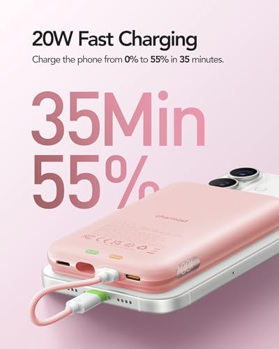 Charmast 10000 m Ah Slim Power Bank – 20 W Fast Charging Portable Charger with Removable Cable for i Phone & Android – Lightweight Hand-Free Battery Pack with Digital Display for Effortless Travel Convenience