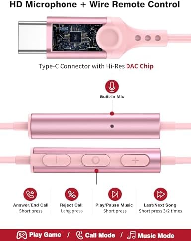 High-Fidelity USB C Earbuds with Microphone and Volume Control – Magnetic Wired Headphones for i Phone 16, Samsung Galaxy, Google Pixel, & More – Perfect for On-the-Go Audio Experience in Pink – Enhanced Compatibility & Durability