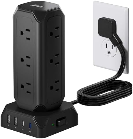 Maximize Your Charging Efficiency with the SUPERDANNY Power Strip Tower Surge Protector – 9 Outlets & 4 USB Ports, 10 Ft Extension Cord, 1080 Joules Surge Protection, Grounded Safety Design for Home and Office Use – Stylish Black Desktop Charging Station for Clutter-Free Solutions