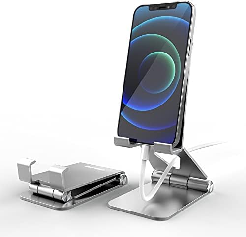 TOPGO Adjustable Cell Phone Stand, [Fully Foldable & Wide Compatibility] Desktop Stand Holder with Charging Port for iPhone, iPad, Kindle, Tablets, Switch – Silver – Enhanced Compatibility and Speed