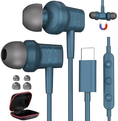 Lake Blue USB C Earbuds – Noise Cancelling Wired Headphones with Magnetic Storage & In-Line Microphone for i Phone 16, Galaxy S25, Pixel 8 – Premium Audio Experience for Music Enthusiasts & On-the-Go Professionals