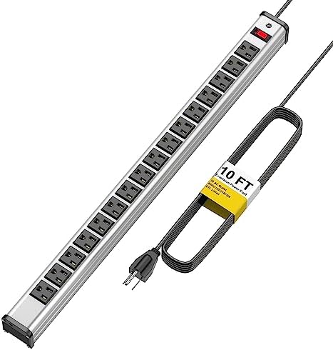 Maximize Workspace Efficiency with the 16 Outlet Heavy-Duty Power Strip – Metal Wall Mount Surge Protector, 10 FT Cord for Industrial Use – ETL Certified for Safety, Versatile Connectivity, and Robust Performance