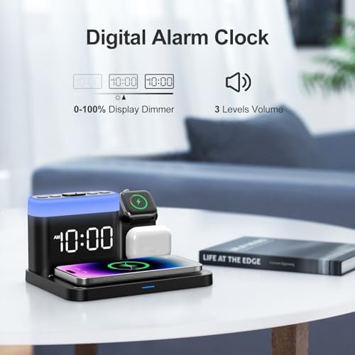 Revolutionize Your Charging Experience with the ANJANK 5-in-1 Wireless Charging Station: Multifunctional Dock for i Phone 16/15/14/13/12 Pro Max, Apple Watch & Air Pods with Adjustable Night Light and Built-In Alarm Clock for Seamless Device Management and Enhanced Ambiance