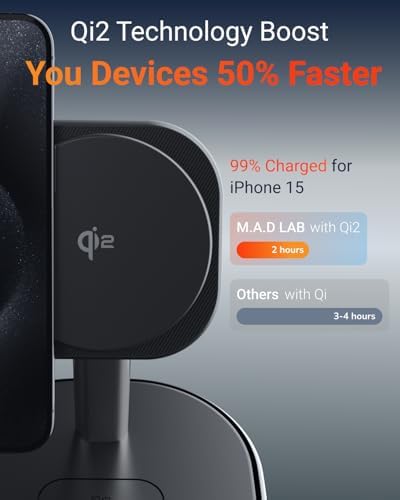 M.A.D Lab Z27 15 W Magnetic 3-in-1 Charging Station: Fast, Space-Saving Wireless Charger for i Phone 16/15/14/13/12, Air Pods, Apple Watch & Android Devices – Qi2 Compatible with Over-Current Protection for Enhanced Safety and Efficiency