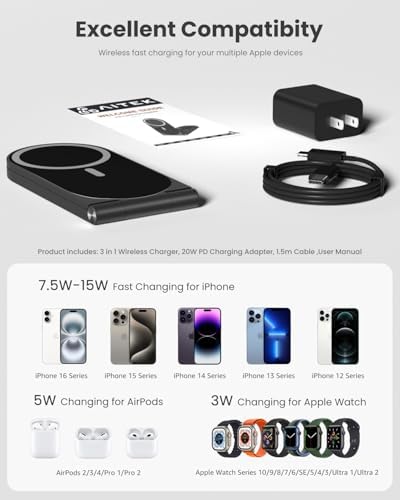 Ultimate 3-in-1 Wireless Charging Station – Foldable Travel Charger for i Phone 16/15/14/13/12, Air Pods & Apple Watch – 20 W Fast Magnetic Charger Stand with Enhanced Mag Safe Compatibility for On-the-Go Convenience
