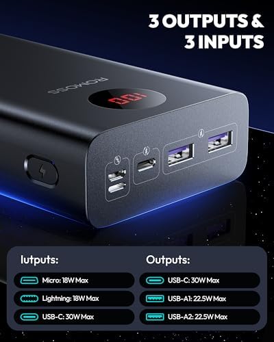 ROMOSS 30000 m Ah High-Capacity Power Bank with 22.5 W Fast Charging – Versatile Portable Charger for Multi-Device Compatibility including i Phone, i Pad Pro, Samsung – Triple Output & Input Design for Effortless Power Management on the Go