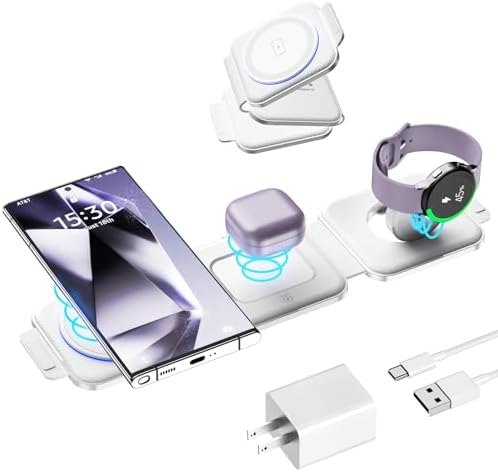 Ultimate Samsung Multi Travel Charger: Foldable Wireless Charging Pad for Galaxy Watch Ultra/7/6/5 Pro/Active 2 & Quick Charge for S25/S24/S23/S22 (+/Ultra)/Note20 – Compact Purple Design with Buds3 Pro Compatibility and Enhanced Speed for On-the-Go Power Solutions