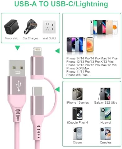 Vibrant Pink Retractable 2-in-1 Charging Cable for Carplay & Android Auto – MFi Certified Lightning and USB-C Fast Charger, 3 A Data Sync Coiled Cord for Ultimate Portability and Style
