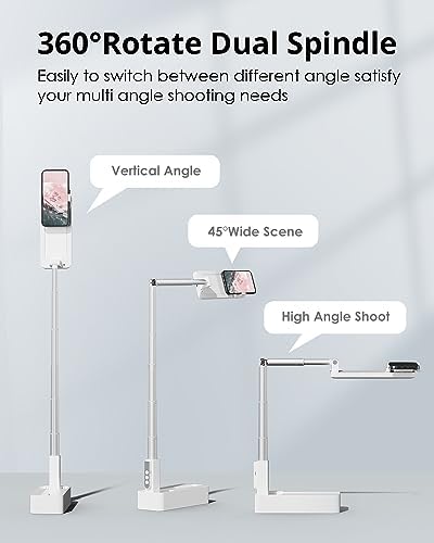 Phone Stand for Recording, Overhead Phone Mount with Light, Selfie Stand,Portable,Extendable,360° Rotate,Adjustable,Wireless Remote,Rechargeable, for 3.5-6.9″ Phones, Live Streaming, White – Enhanced Compatibility and Speed