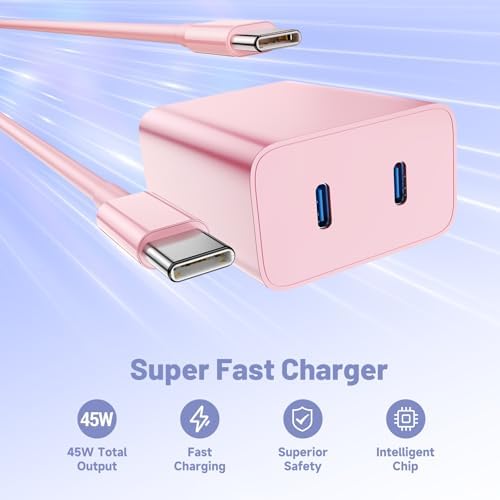 Dual-Port 45 W USB-C Wall Charger for Samsung Galaxy S25/S24 Ultra – Super Fast Charging with 2-Pack 6.6 ft Cables, PD 3.0 & PPS Technology for Enhanced Compatibility and Performance – Ideal for Mobile Professionals and Families