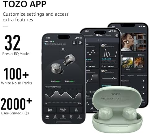 TOZO E1 Bluetooth 5.3 Wireless Earbuds: Advanced Ergonomic In-Ear Headphones with 30-Hour Playtime, IPX6 Waterproof Protection, Customizable Stereo Sound, and Built-in Microphone for Superior Call Clarity and Comfort