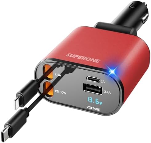 Introducing the SUPERONE 4-in-1 Retractable Fast Car Charger: Ultimate On-the-Go Charging Solution for i Phone, Galaxy & Pixel Devices – Featuring 2.6 ft Tangle-Free Cord, Enhanced USB C & Apple Compatibility, and Sleek Design for Effortless Portability. Experience lightning-fast charging to keep your devices powered during road trips or daily commutes, ensuring you’re always connected. This innovative retractable charger is engineered for maximum efficiency, accommodating a wide range of smartphones including i Phone 16, 15/15 Pro Max, 14, 13, 12, 11 and popular Galaxy and Pixel models. With its compact construction and high-quality materials, this charger not only enhances your charging experience but also withstands everyday wear and tear. Elevate your mobile charging with the SUPERONE car charger – where convenience meets cutting-edge technology for busy professionals and families on the move.