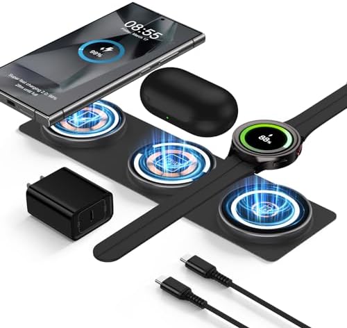 Ultra-Fast 3-in-1 Samsung Wireless Charging Station – Foldable 15 W Charger for Galaxy S24/S25 Ultra, Galaxy Watch 7/6 Classic, and More – Compact, Efficient Design for Home and Travel, Enhanced Compatibility for All Your Devices