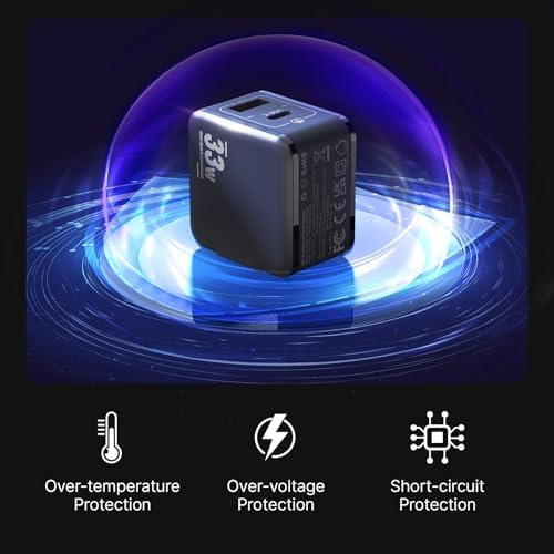 MINIX NEO P1 Mini 33 W Ga N Dual-Port Fast Charger – Ultra-Compact USB-C & Quick Charge 3.0 Adapter for i Phone 8-15, Galaxy S10-S21 & More – Essential Travel Charger with Advanced Heat Management for Efficient Multi-Device Charging