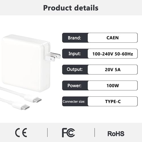 High-Efficiency 100 W USB-C Charger for Mac Book Pro & Air – Rapid Charging Power Adapter Compatible with 16/15/14/13 Inch Models and i Pad Pro 2021/2020/2019/2018 – Ultimate Versatility for All USB-C Devices with Advanced PD 3.0 Technology and Maximum Safety Features