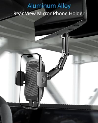 Premium Aluminum Alloy Rear View Mirror Smartphone Holder – Versatile Multi-Angle Adjustment and Rotatable Car Mount for 4-7 Inch Devices – Elevate Driving Safety and Accessibility with Stylish Black Finish for i Phone and Android Users
