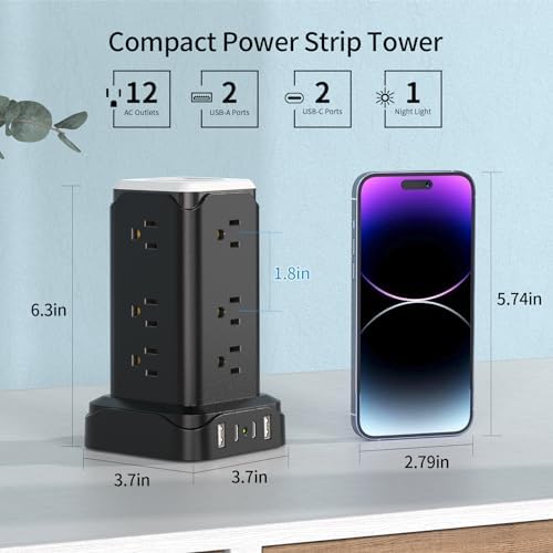 Transform Your Charging Setup with the PD20 W USB C Power Strip Tower – 6 Feet Surge Protector with 4 Fast-Charging USB Ports and Built-in Night Light, Perfect for Home, Office, or Dorm Room, Featuring a Compact Design with Thin Flat Plug for Ultimate Space Efficiency and Enhanced Device Safety