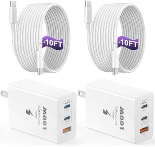 Super Fast 100 W USB C Charger Block – 3-Port Ga N Wall Adapter with 6.6 ft USB-C Cable for Enhanced Device Compatibility – Ideal for Mac Book Pro/Air, i Phone 16/15 Pro, Galaxy S24/S23 – Dual Pack for Efficient Home and Travel Charging Solutions