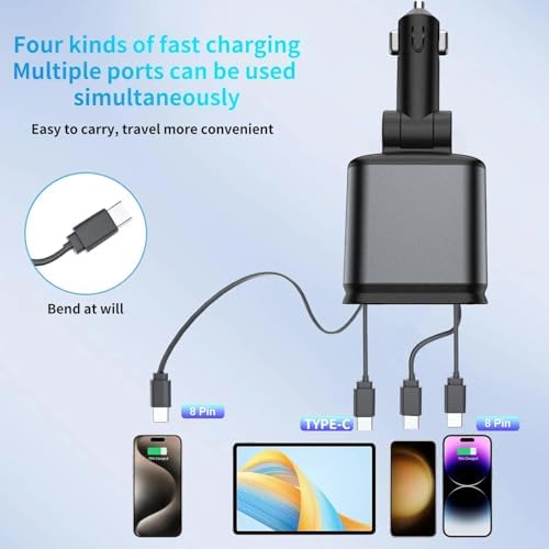 66 W Retractable Fast Car Charger – 4-in-1 Universal Phone Charging Solution with USB-C Adapter and Starlights for Enhanced Ambiance – Ideal for All Mobile Devices on the Go