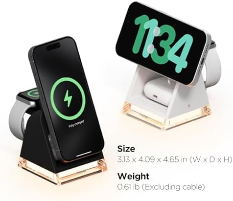 mooas Crystal Lamp 3-in-1 Mag-Safe Wireless Charging Station – Elegant Black Design with Dual-Color Nightlight, Fast Charging for i Phone 12-15 & Galaxy S21-S24, All-in-One Charger for Apple & Galaxy Watches – Enhance Your Space & Stay Powered Up