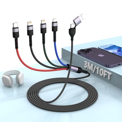 10 FT 4-in-1 Apple MFi Certified Multi-Device Charging Cable – Lightning, USB-C, Micro USB Combo for i Phone, i Pad, Samsung & Android – Extra Long Durable Charger for Fast Charging on the Go – Ideal for Uber Drivers and Frequent Travelers