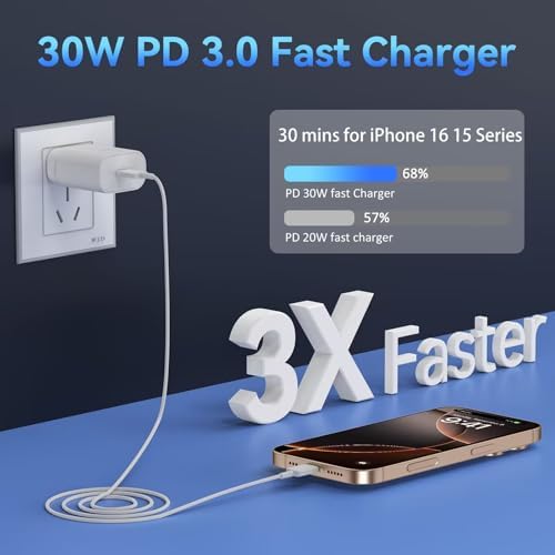30 W Ultra-Fast USB C Wall Charger with 10 FT Cable in Stylish Purple Gradient | Rapid Charging Solution for Phone 15 Series & S24 Ultra Plus | Compact & Versatile Power Adapter for Modern Devices
