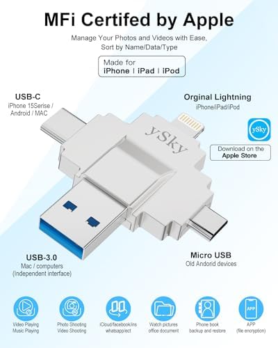 MFi Certified 64 GB Multi-Device Photo Stick – Ultimate 4-in-1 USB Flash Drive for i Phone, i Pad, Android, PC, and Mac – Fast Data Backup & Easy Media Management for Photos, Videos, and Contacts – Compact External Storage Solution