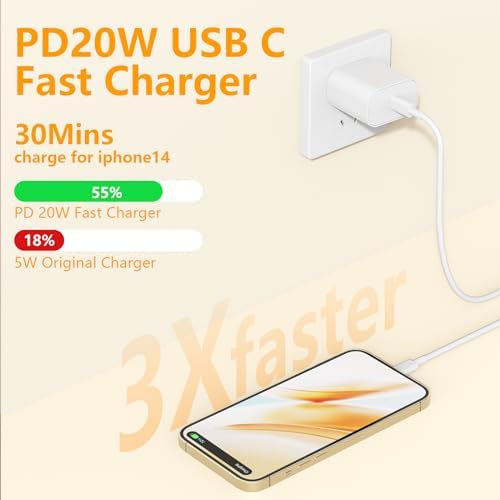 Ultra-Fast 20 W i Phone Charger with 10 ft USB C to Lightning Cable – Stylish Pink Fast Charging Block for i Phone 14 Pro Max, 13, 12, 11, XS, SE, i Pads & Air Pods – Unmatched Compatibility & Durability for On-the-Go Power