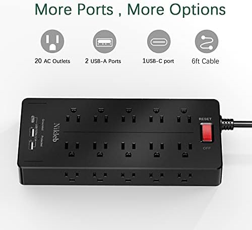 Maximize Your Power with the 23-in-1 Heavy Duty Surge Protector Power Strip – 20 Outlets Plus 2 USB and 1 USB-C Ports, 6 ft Wall-Mountable Extension Cord for Efficient Gaming, Office, and Home Setup – Unmatched Compatibility and Fast Charging Solutions