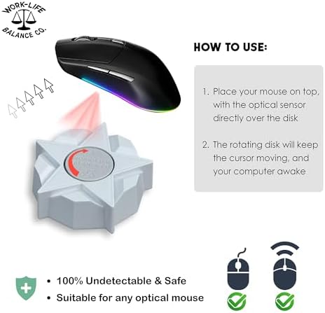 Stay Productive with Our Wireless Mouse Jiggler – No Software, No USB, Just Effortless Motion! Enjoy 12 Months of Battery Life for Seamless Operation – Ideal for Home Office, Long Meetings, and Automated Tasks – Sleek Black Design for Enhanced Compatibility and Efficiency