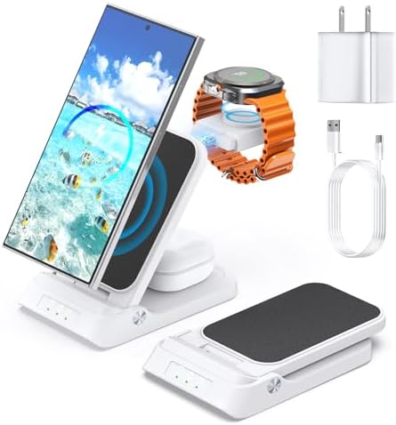 RAUGEE Premium Foldable 3-in-1 Fast Wireless Charging Station for Samsung Devices – Compact & Stylish Charger for Galaxy S25 Ultra/S24/S23/S22/Z Flip/Fold & Galaxy Watch Ultra/7/6/5/4/3 – Efficient Power Delivery, Declutter Your Space with Sleek Design and Optimal Portability