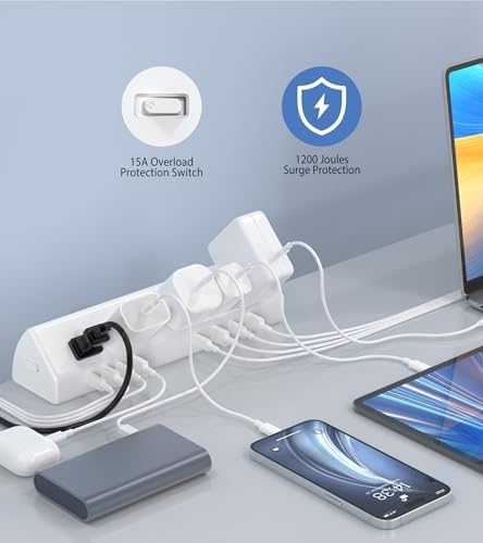 Maximize Efficiency with the 45 W Desk Clamp Charging Station – 4 PD USB-C Ports & 5 AC Outlets, ETL Listed Surge Protector for Ultimate Device Protection, 14 AWG Heavy-Duty Cord, Secure Fit for 1.9″ Tabletops (Black, 6 FT Cable) – Your All-in-One Power Solution for Home and Office