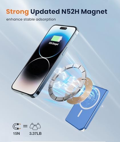 Ultra-Compact Blue Magnetic Wireless Power Bank for i Phone 12-16 Pro Max – 5000 m Ah Fast-Charging Battery Pack with Seamless Attachment for On-the-Go Convenience and Enhanced Compatibility – Essential Travel Accessory for Effortless Energy Backup
