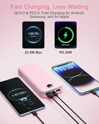 Ultra-Fast Portable Phone Charger with 12000 m Ah Capacity – All-in-One Power Bank with Integrated Cables, Wall Plug, and LED Display for i Phone, i Pad, Samsung – Essential Travel Companion for Uninterrupted Connectivity