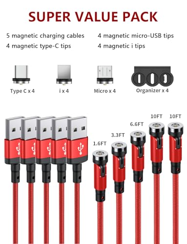 Revolutionary 540° Magnetic Charging Cable Set – 3 in 1 Versatile USB Charger for Micro USB, Type C & Lightning | Durable Nylon Braided Design with LED Indicator | Multiple Lengths (1.6 ft, 3.3 ft, 6.6 ft, 10 ft) for Ultimate Convenience and Fast Charging