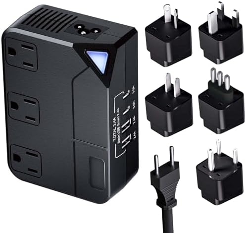 Global Travel Power Adapter – 250 W Voltage Converter from 220 V to 110 V with 4 Fast-Charging USB Ports – Compact, Durable Design for Effortless International Connectivity and Device Protection