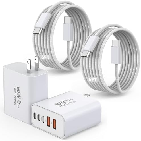 Power Up Your Devices with the i Phone 16 Fast Charger Block: 2-Pack 60 W USB Charging Adapter with 5 Ports and 6 FT Woven Cable for Rapid Charging of i Phone 16, i Pad Pro/Air/Mini – Enhanced Efficiency and Universal Compatibility for Multi-Device Charging