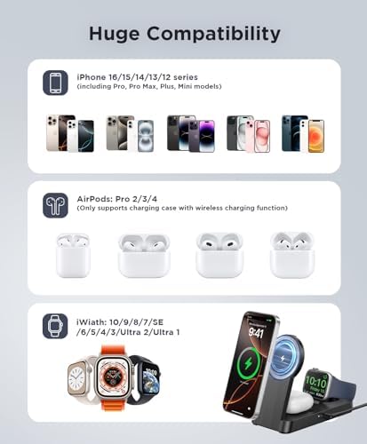 Magnetic 3-in-1 Wireless Charging Station for i Phone 12-16, Apple Watch & Air Pods – Portable Foldable Charger with Fast Charging, Space-Saving Design, and Smart Safety Features for Home, Office, and Travel – Perfect Gift for Tech Lovers