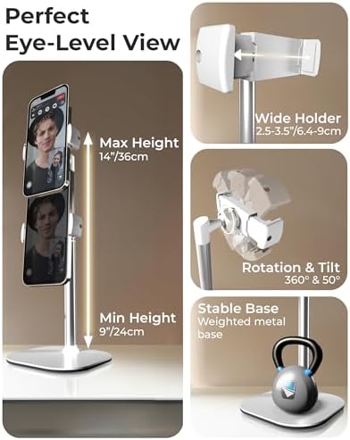 Cooper ChatStand Adjustable Cell Phone Stand for Desk & Video Recording, Rotating Cell Phone Holder for Desk for All iPhone, Samsung, Android, 9-14″ Face-Level Metal Desktop Tripod (Frost White) – Enhanced Compatibility and Speed