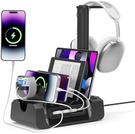 KDD 6-in-1 Multi-Device Charging Station – Sleek Black Dock for Smartphones, Tablets, Apple Watch & Headphones – Fast Charge with 2 AC & 4 USB Ports – Space-Saving Design for Ultimate Organization and Efficiency – Perfect Home & Office Charging Solution