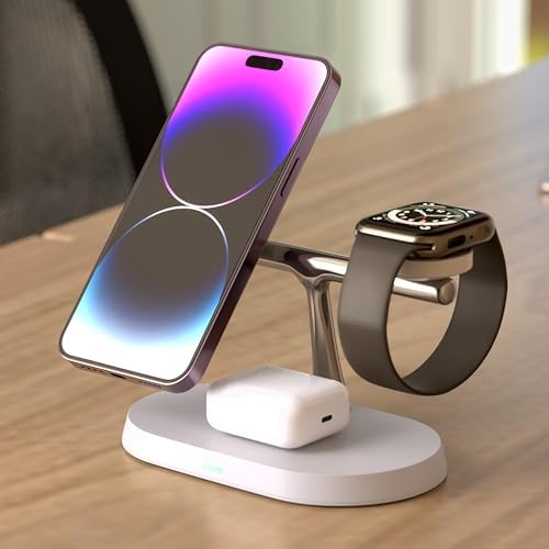 Nord Tech 3-in-1 Magnetic Wireless Charger – Streamlined Fast Charging Dock for i Phone, Air Pods & Apple Watch, 15 W Power Delivery, Minimalist White Design, Ideal Desk & Nightstand Accessory, Effortless Device Alignment, Standby Mode for Notifications, Enhanced Compatibility & Aesthetics
