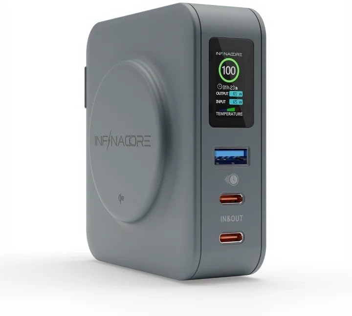 Infina Core P3 8000 m Ah Portable Power Bank: Ultra-Fast 18 W USB-C Charger with 4-in-1 Functionality, Qi Wireless Compatibility, and Travel-Ready Foldable Plug for Effortless Device Charging on the Go