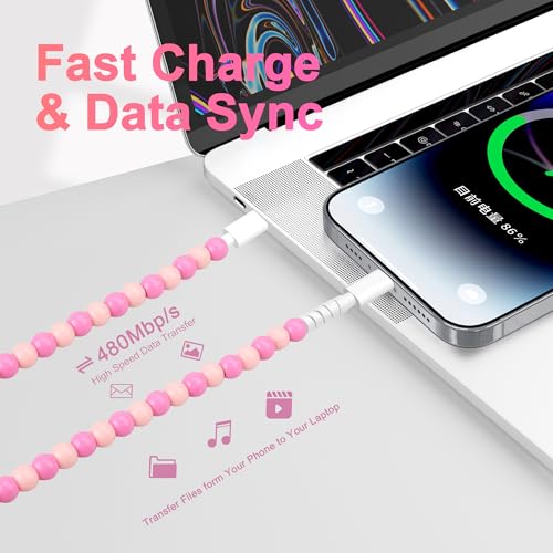 Coolden 66 W Fast Charging Cable for i Phone & i Pad – 2 M Stylish Pink USB-C to Lightning Beaded Charger – Durable, Efficient, and Compatible with i Phone 14/13/12/11 Pro Max, XR, XS, i Pad Pro/Air/Mini – Perfect for Everyday Use and Travel