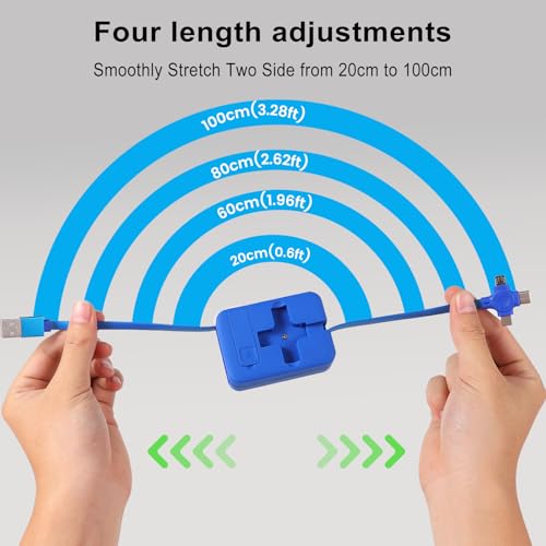 4-Pack Retractable 3-in-1 Charging Cable Set – Versatile 3.28 Ft Fast Charging Solution with IP, USB C, and Micro USB Connectors – Tangle-Free Design for Smartphones, Tablets & More – Stylish Black, Blue, Purple, Pink Options with Handy Phone Holder for On-the-Go Power