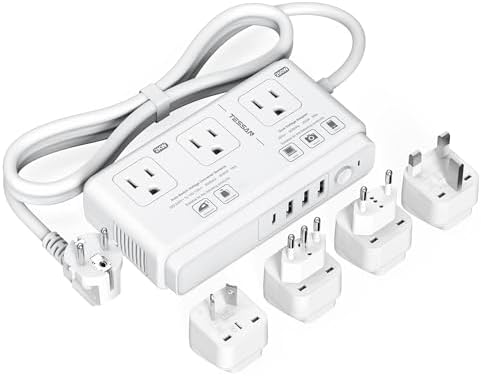 TESSAN 220 V to 110 V Universal Voltage Converter – All-in-One Global Travel Adapter with 4 USB Ports Including Rapid USB-C and 3 AC Outputs for Worldwide Device Compatibility – Compact and Durable Power Transformer for Effortless International Charging