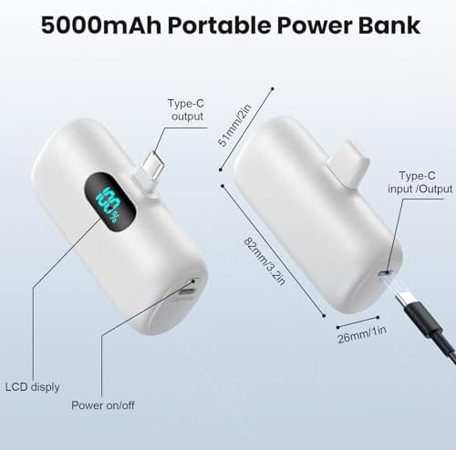 Ultra-Compact 5000 m Ah USB-C Power Bank – Fast Charging Mini Portable Charger with Built-in Connector & LCD Display – Perfect for i Phone 15, i Pad Pro, and Android Devices – Lightweight and Travel-Friendly Power Solution for On-the-Go Connectivity