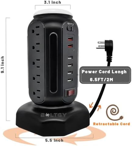 Ultimate Flat Plug Fast Charging Tower – 15 AC Outlets & 6 USB Ports (2 Fast Charge) – Compact Surge Protector Power Strip with 6.5 FT Extension Cord for Home, Office, and Dorm Room – Maximize Charging Efficiency and Enhance Safety