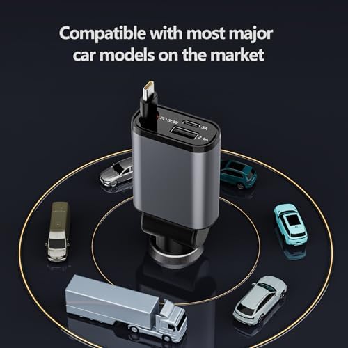 Ultra-Compact 80 W Retractable Car Charger with Built-In USB-C Cable – Fast Charging Adapter for i Phone 16/15, i Pad, Galaxy Devices, and Air Pods – Effortless Multi-Device Compatibility and Tangle-Free Storage for Road Trips and Daily Commutes