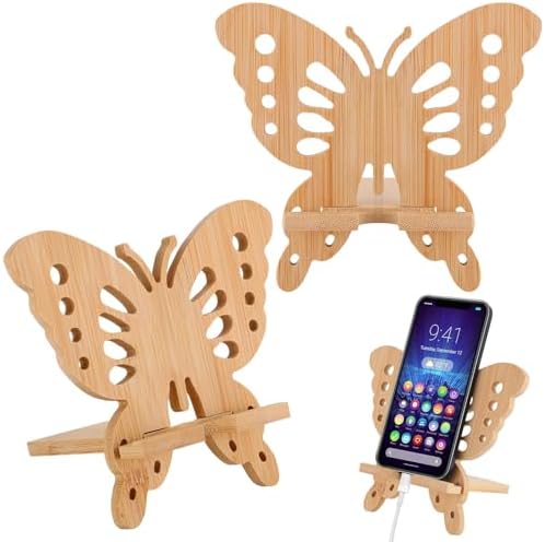 Premium 2 Pack Butterfly Bamboo Wood Phone Stand – Eco-Friendly, Handcrafted Portable Desktop Holder for All Smartphones & Tablets – Stylish & Functional Office Accessory for Enhanced Productivity and Organization